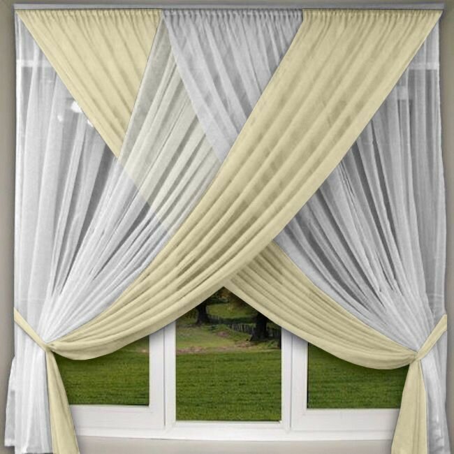 Шторы для кухни с подхватами из тюля вуаль на ленте под крючки арт. МОН-457 цвет шампань
