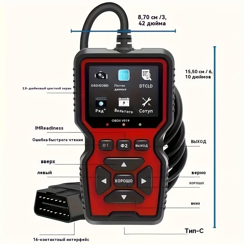 2024 New OBD2 Diagnostic Scanner Tool - Full OBD2 Features, Engine Code Reader, Reset, Modes 6 & 8 And More For All OBDII/EOBD Vehicles After 1996 - Easy To Use, Fast & Accurate Vehicle Troubleshooter — фото 1