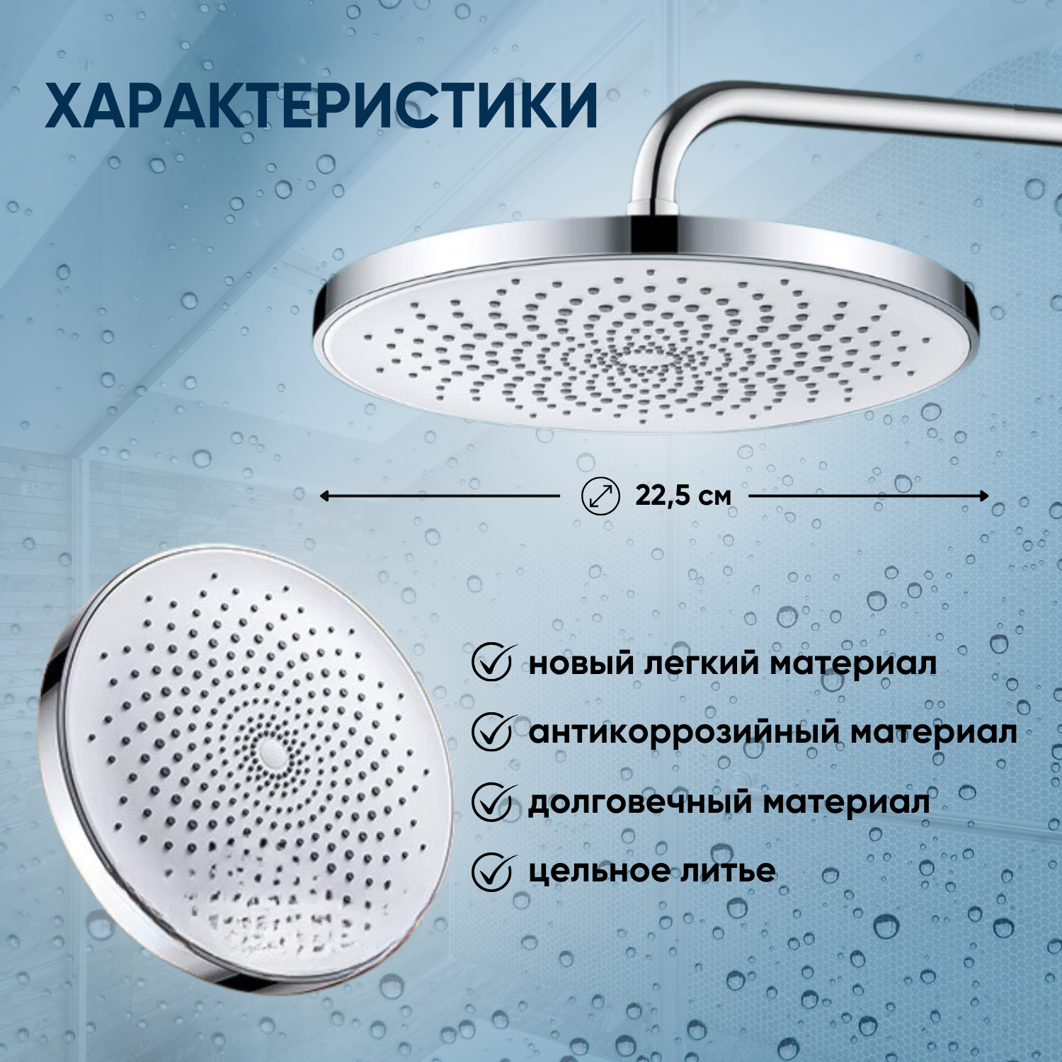 Душ верхний тропический для душевой системы / лейка для верхнего душа круглая диаметр 22,6 см — фото 1