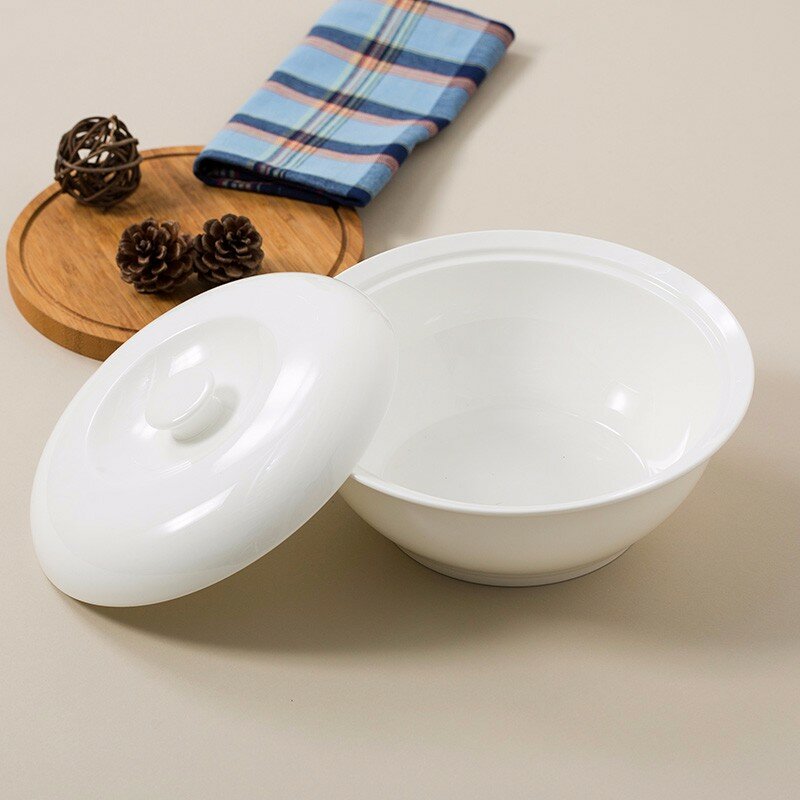 Sky Top Ceramic Soup Bowl with Lid Large Capacity Pure White Porcelain Soup Pot for Home And Restaurant Use 9-Inch Dinnerware
