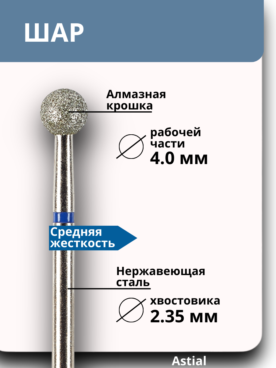 Фреза Шар (сфера) "Astial" для маникюра и педикюра алмазная, средняя, синяя, набор из 3 штук, 806.104.001.524.040 — фото 1