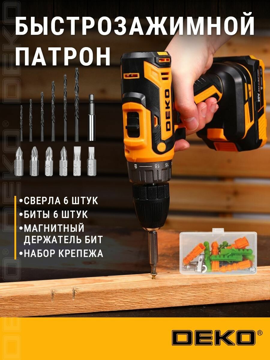 Аккумуляторная дрель-шуруповерт DEKO DKCD20FU-Li в кейсе + набор 63 инструмента для дома, 20В, 2х3.0Ач (2024) — фото 1
