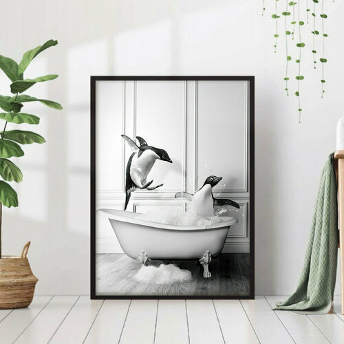 фото Постер "пингвины в ванной" 50x70 в черной рамке на стену для интерьера 28 kartin