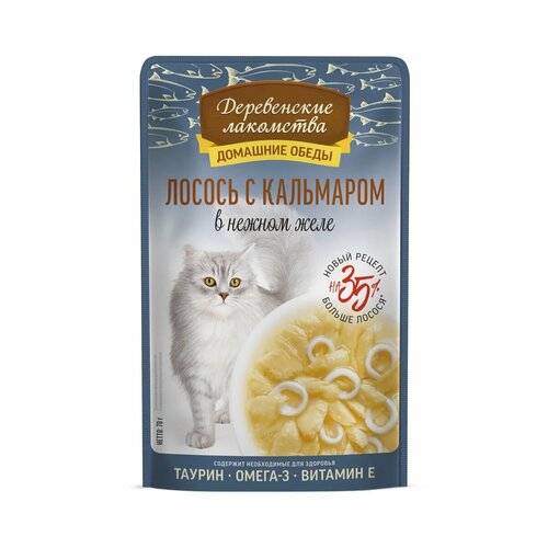 Домашние обеды "Деревенские лакомства", для кошек, лосось, кальмар, для вывода шерсти, 70г