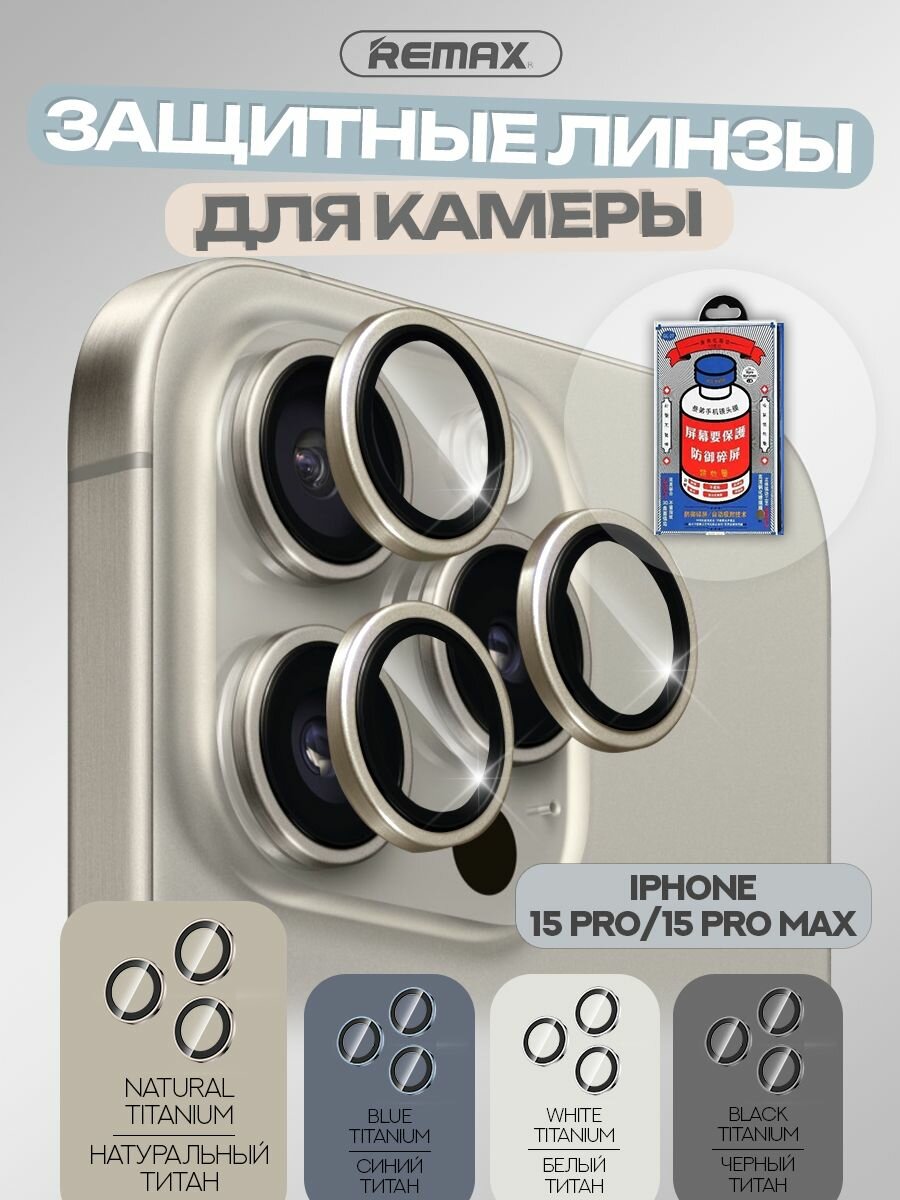 Защитные линзы для камеры iPhone 15 Pro / 15 Pro Max, REMAX GL-27, серые линзы, подходят для цвета натуральный титан (natural titanium)