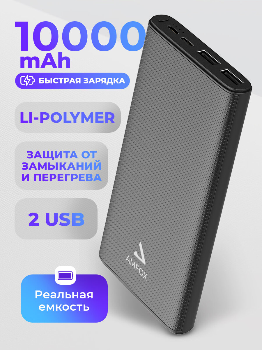 Повербанк для айфона 10000 mAh, powerbank для телефона, внешний аккумулятор, пауэрбанк для xiaomi, портативный, черный