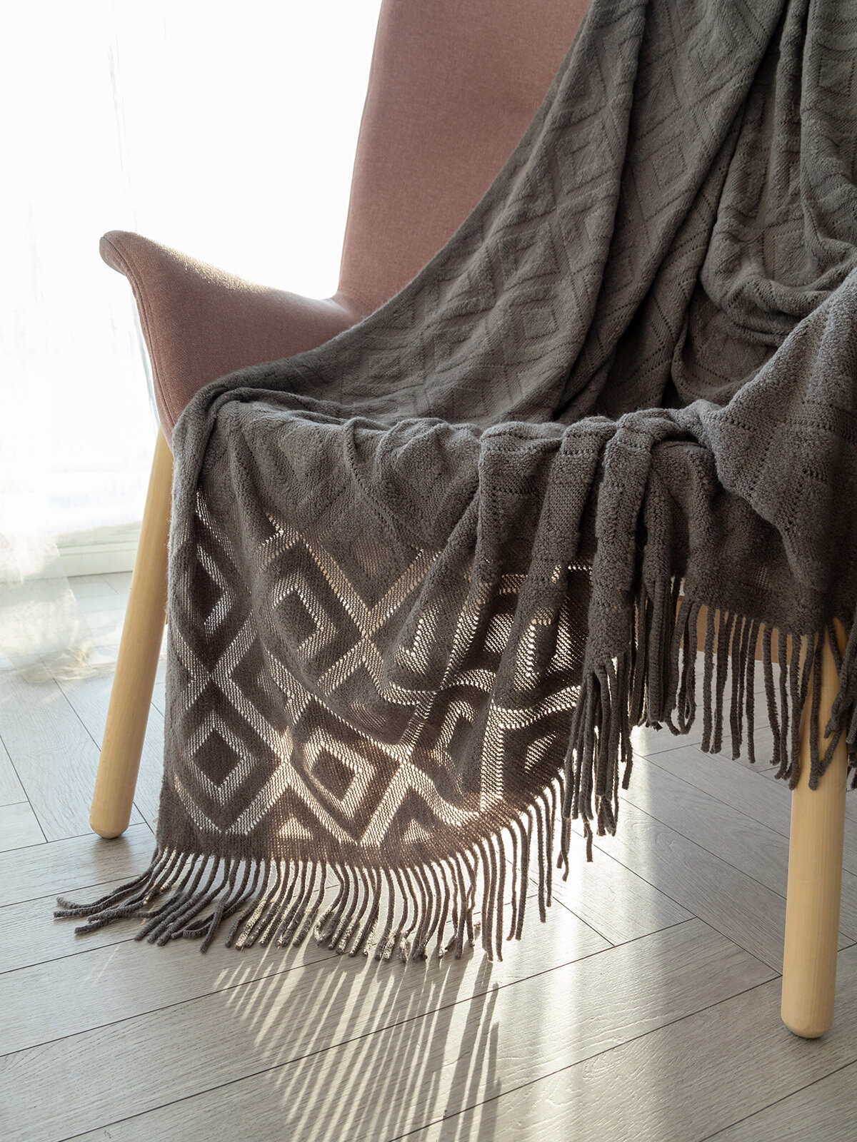 Плед DeNASTIA "Ethno", акрил, 130x170 см, вязанный, цвет серый — фото 1