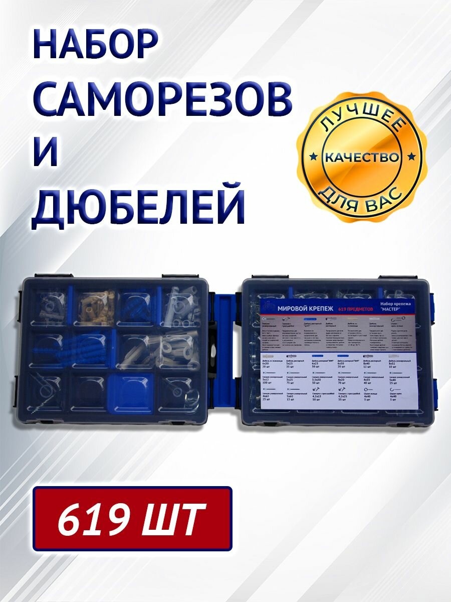 Набор строительного крепежа саморезов и дюбелей 619 предметов