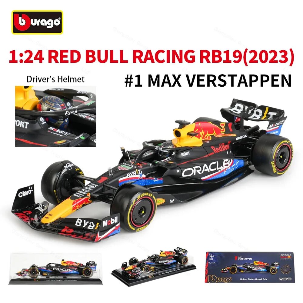 Bburago 1:24 2023 Red Bull RB19 Остин -Гран-при США Формульный болид Формулы-1, Литые под давлением автомобили, коллекционная модель гоночных игрушек