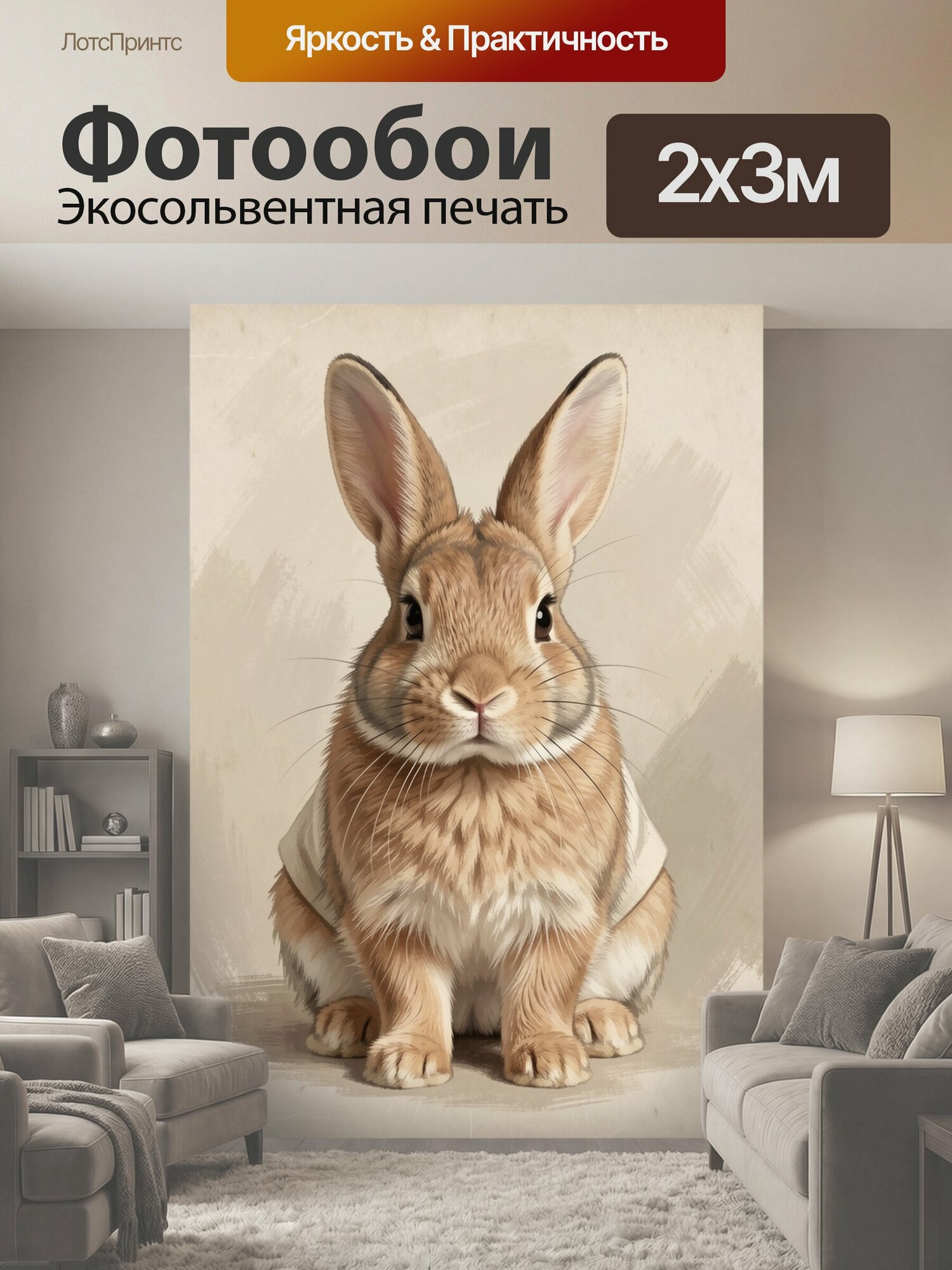 Фотообои "Милый кролик на светлом фоне. Пушистый ушастый зверёк в мягких бежево-коричневых тонах, выполненный в нежной акварельной стилистике." 200x300 см. экосольвентная печать