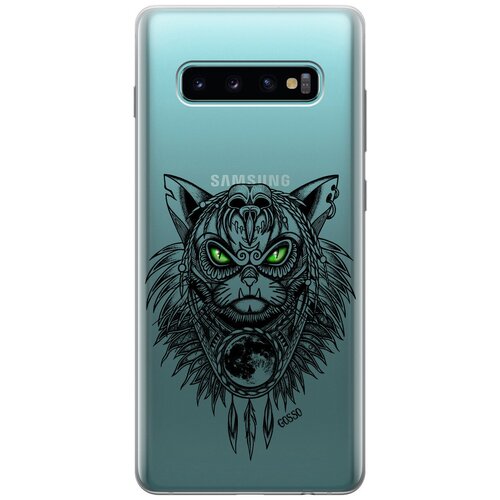 фото Ультратонкий силиконовый чехол-накладка clearview для samsung galaxy s10+ с 3d принтом "shaman cat" gosso