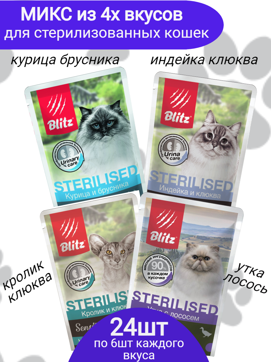BLITZ набор для стерилизованных кошек (4 вида по 6шт) в наборе 24шт