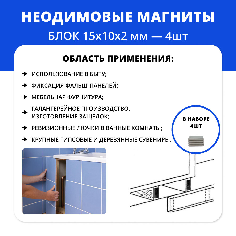 Набор прямоугольных неодимовых магнитов 15х10х2 мм для крепежа (4 шт)