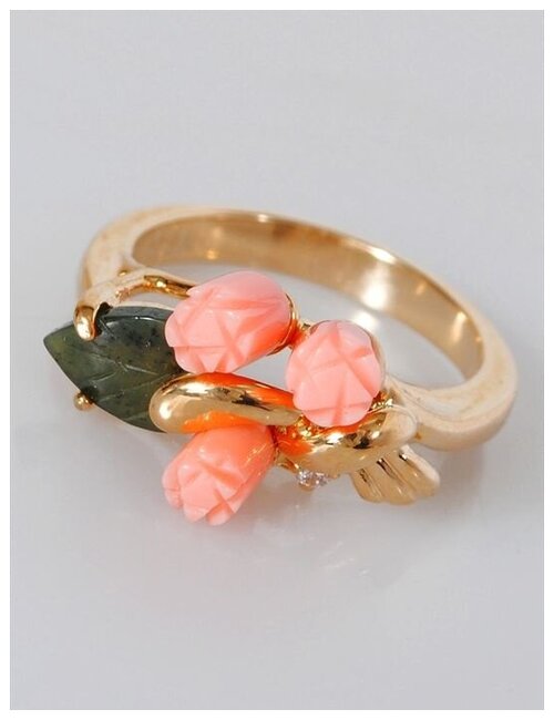 Кольцо помолвочное Lotus Jewelry, коралл, нефрит, размер 18, зеленый, розовый