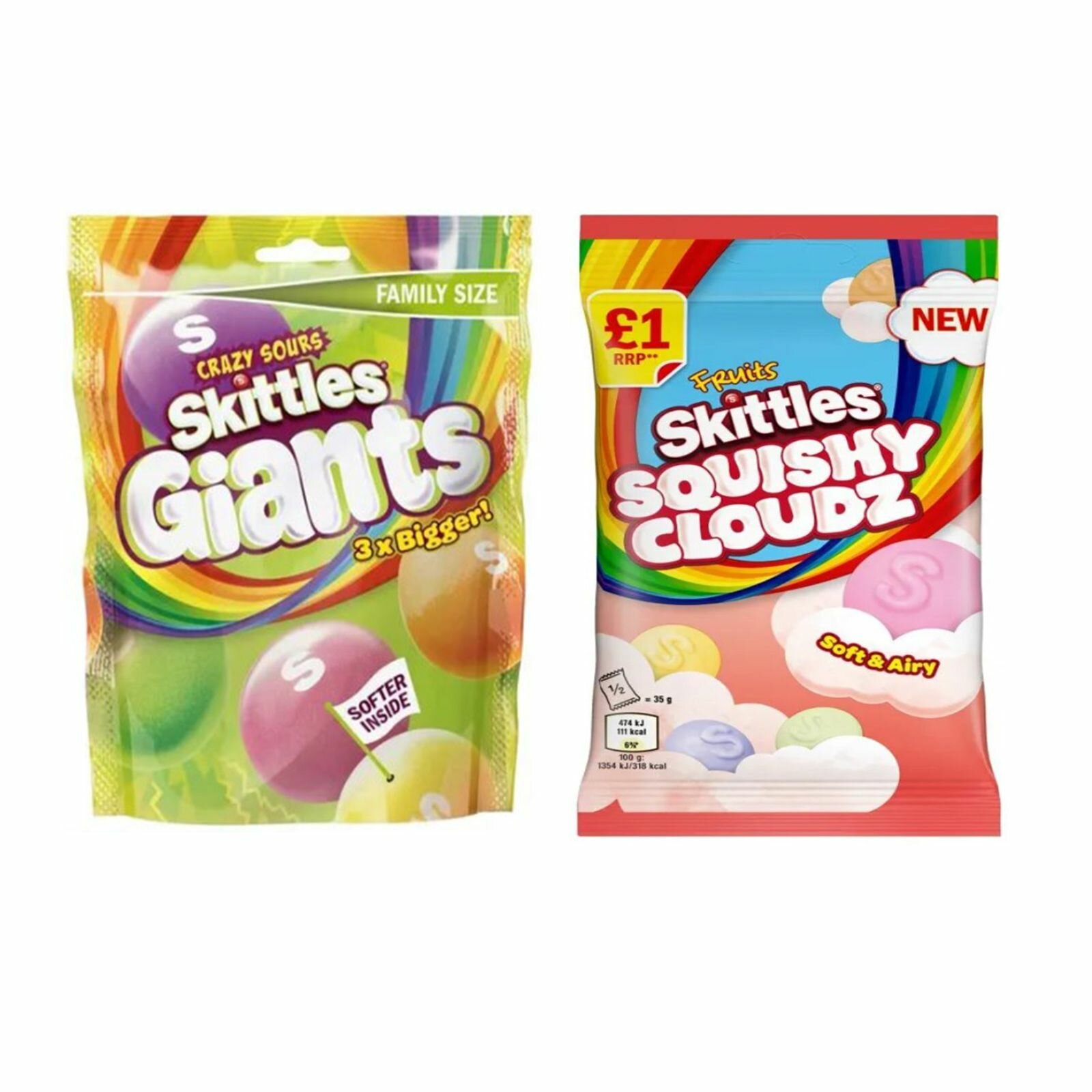 Жевательные конфеты Skittles Скитлс Squishy clouds 94 гр и Giants Crazy Sours (кислые) 141 гр., Германия.