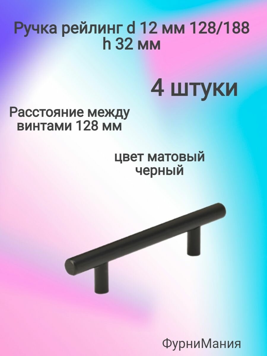 Ручка мебельная рейлинг d 12 mm 128/188, h32 матовый черный - фотография № 2