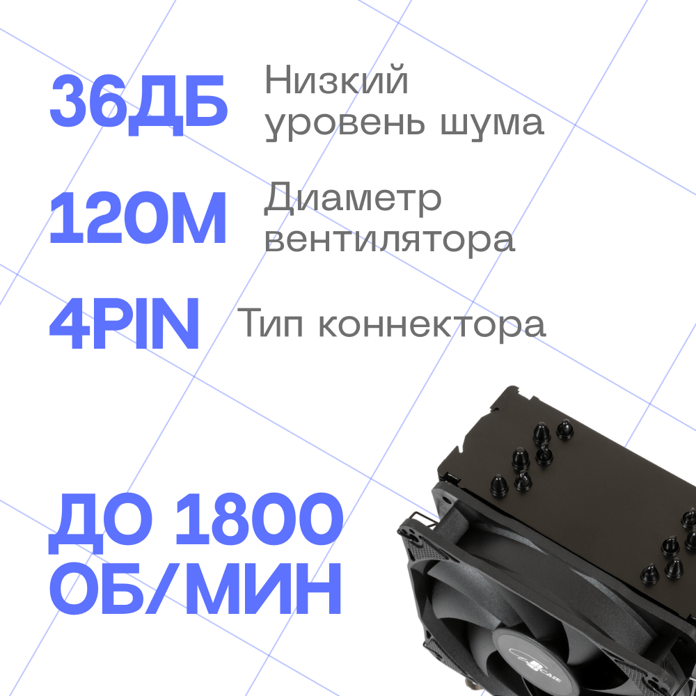 Кулер Eurocase 6P120 LGA775/115X/1700/FM2+/FM2/FM1/AM4/AM3/AM2+/AM2/AM5 (120mm fan, 800-1800rpm, 74.85CFM, 36dBA, 4-pin, TDP 200W)