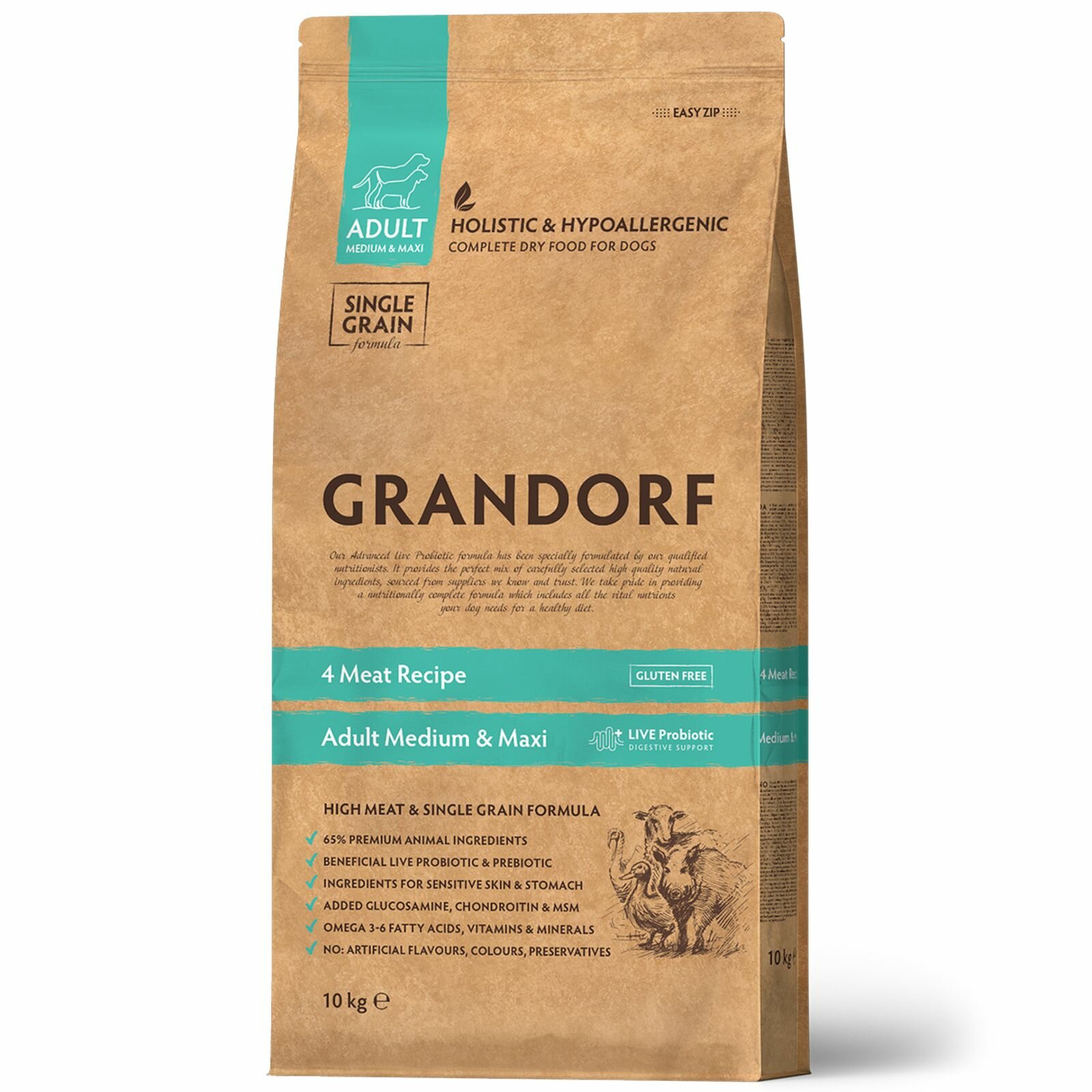 GRANDORF Med&Maxi Adult Корм сух.4вида мяса с пробиотиками д/собак средних и крупных пород 10кг