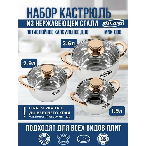 Набор кастрюль Micama из нержавеющей стали для индукции 1,9/2,9/3,6л