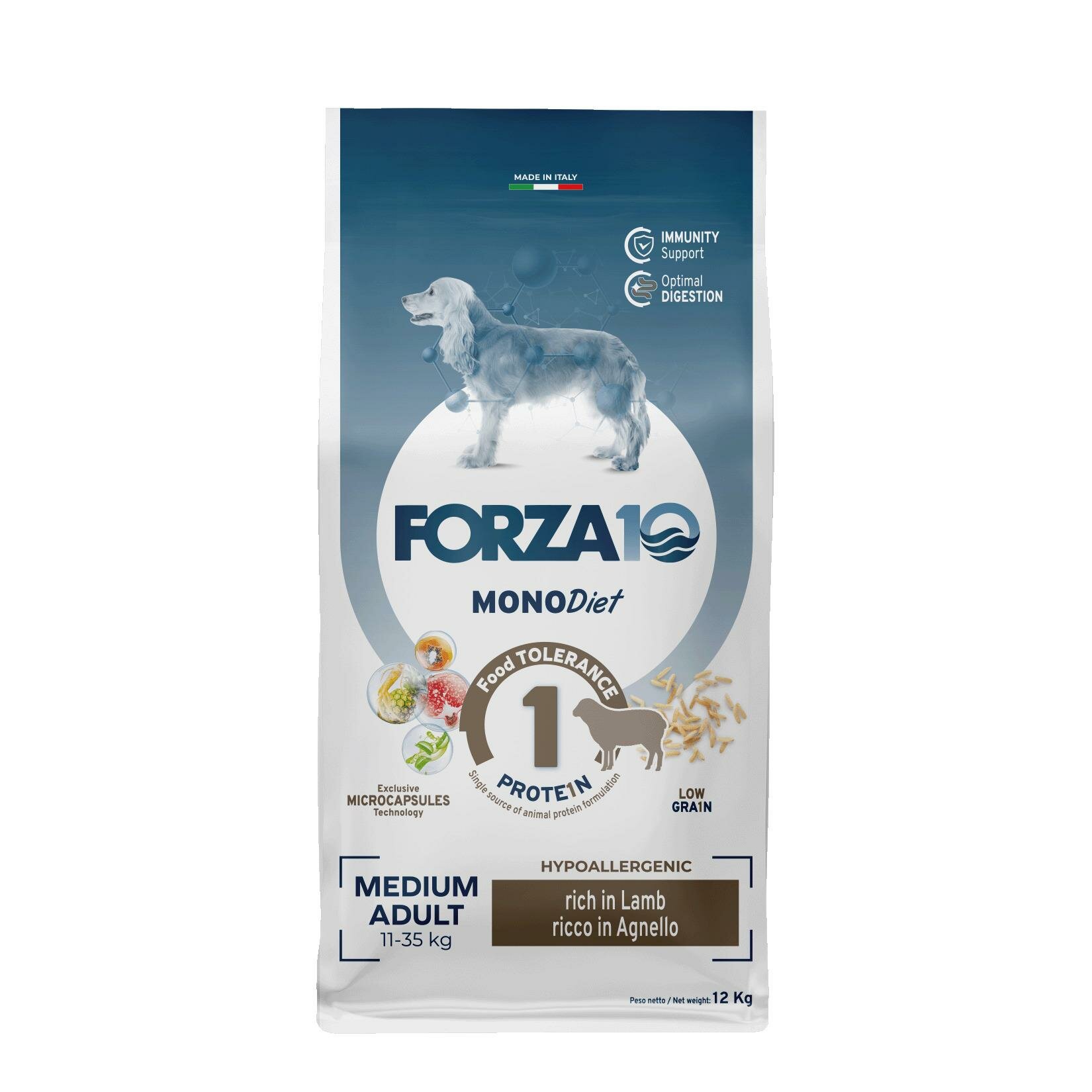 Forza10 Medium Diet сухой корм для взрослых собак средних пород, при аллергии, из ягненка с микрокапсулами 12 кг