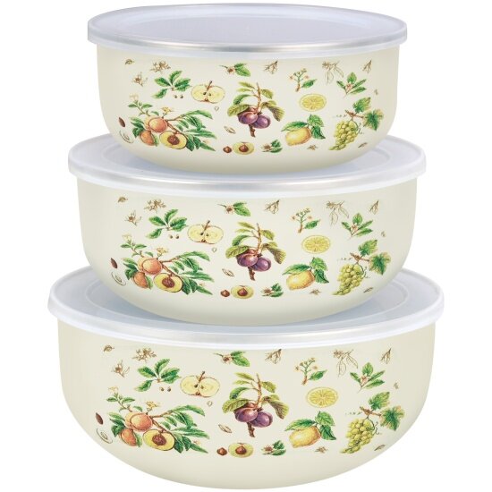 Набор мисок Appetite Фруктовый сад 3 шт 14 см 16 см 18 см с крышками эмалированная сталь (BW01-FG)