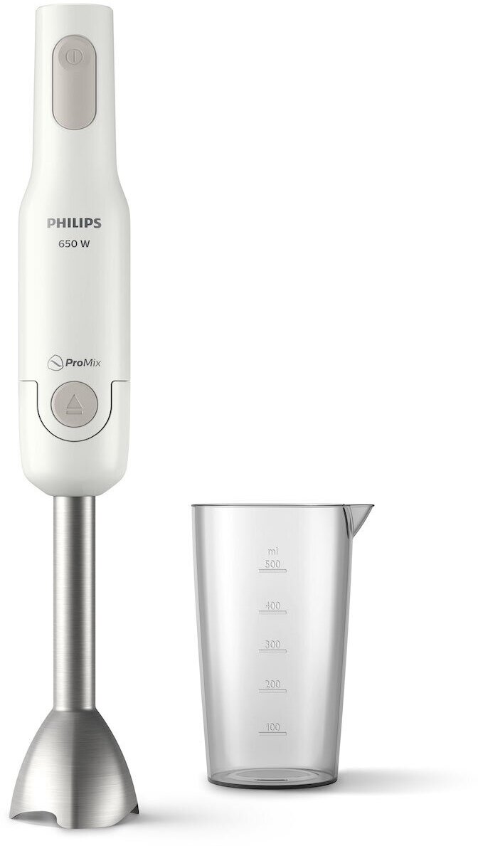 Блендер Philips/ Погружной блендер, мощность 650Вт, 1 скорость, технология смешивания ProMix, отсоединение одной кнопкой, аксессуар стакан. Материал: пластик, металл. Цвет: белый.