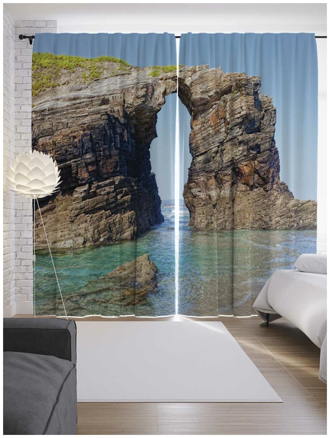 Шторы JoyArty с фотопечатью "Скальная арка на море" из сатена, 290х265 см