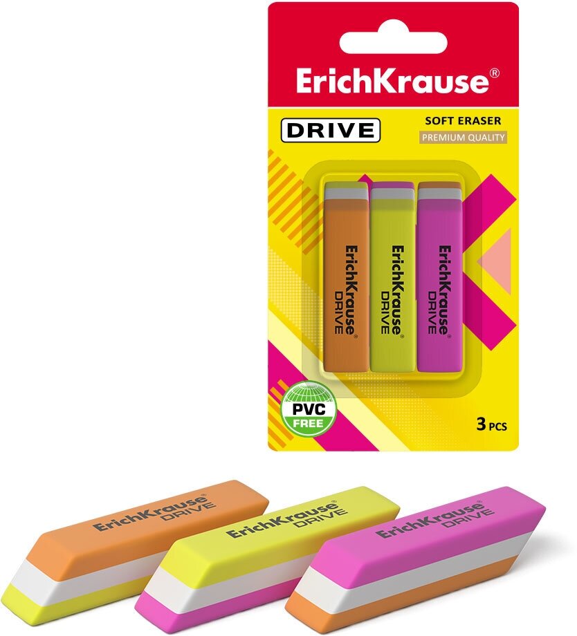 ErichKrause Набор ластиков Drive, 3 шт оранжевый/желтый/розовый