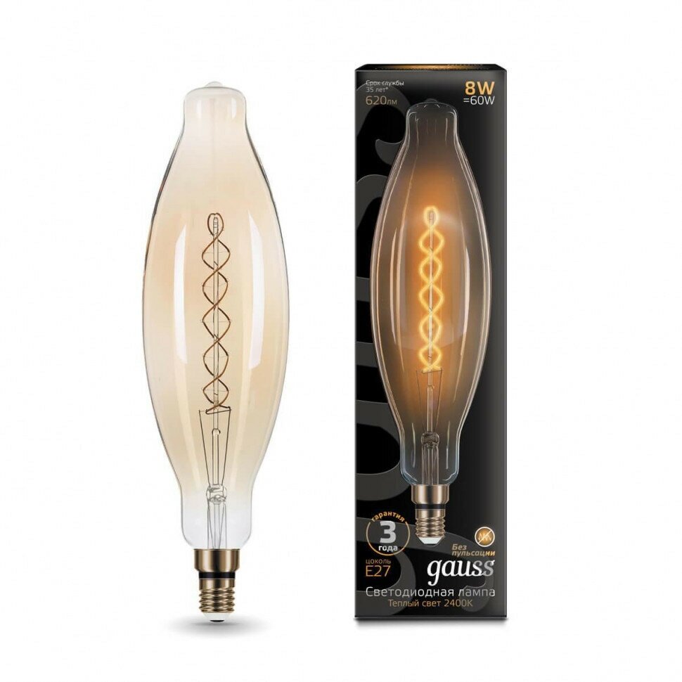 Лампа Gauss Filament BT120 8W 620lm 2400К Е27 golden flexible LED 1/10 - фотография № 3