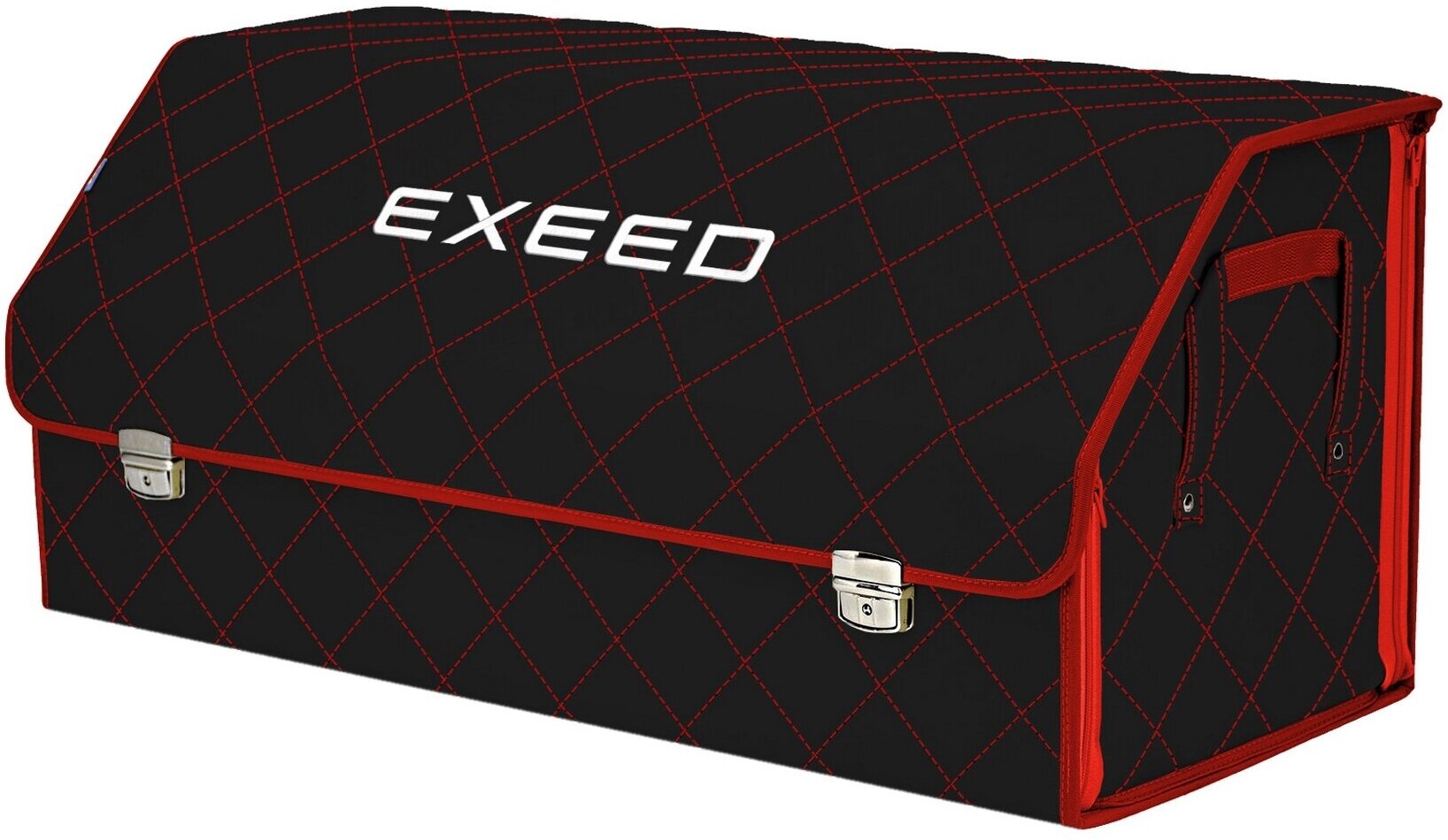 Органайзер-саквояж в багажник "Союз Премиум" (размер XXL). Цвет: черный с красной прострочкой Ромб и вышивкой Exeed (Эксид).