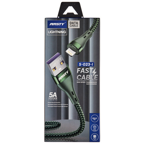 Кабель USB с разъёмом Lightning/Сила тока 5А max/ ANSTY S-023-I /1 м/Быстрая зарядка/черный