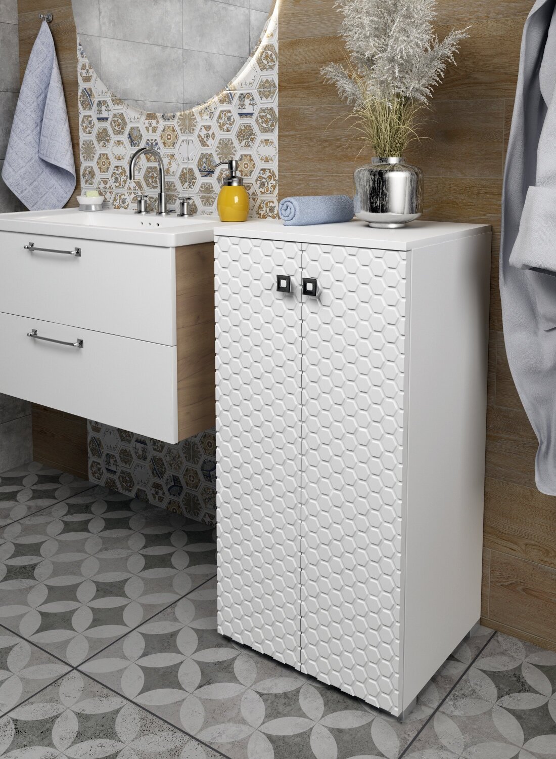 Шкаф для ванной комнаты, REGENT style, Пенал Соната 2двери, белый, 83,6*40*35