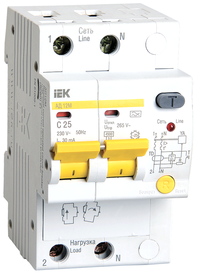 Выключатель автоматический дифференциального тока 2п C 25А 30мА тип A 4.5кА АД-12М IEK MAD12-2-025-C-030 - фотография № 1