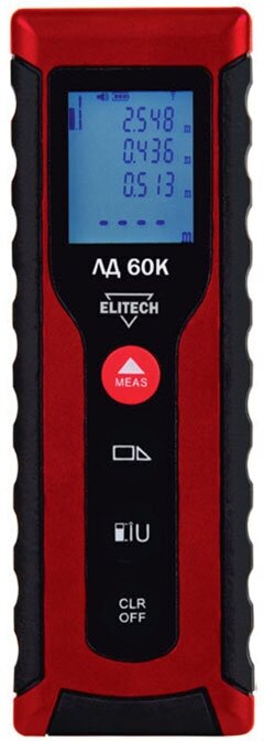 ELITECH ЛД 60К Дальномер лазер,2*1.5В(ААА),0.03–60м, точн,±0.3мм\м,56г, кор, шт ELITECH