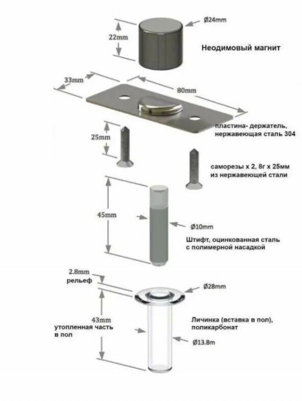 Упор дверной магнитный (ограничитель, стопор, стоппер) скрытый FANTOM STANDART, прозрачный, 1 шт.