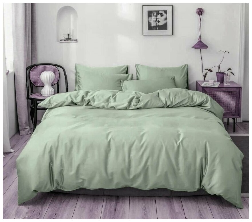Постельное белье тенсель 2 спальное с Евро простыней - М - 60S 4328 Зелено-голубой с наволочками 50х70