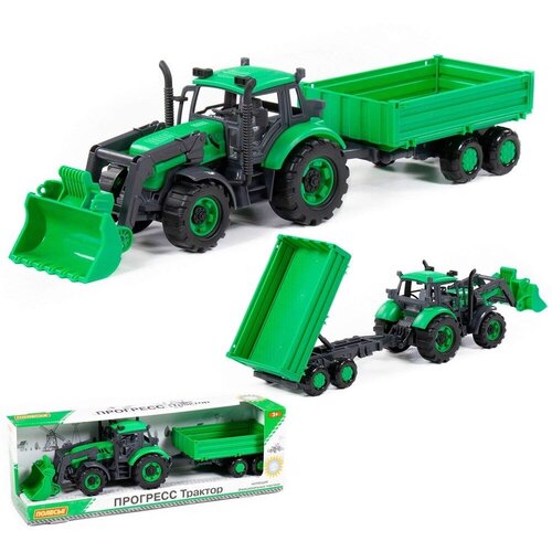 Трактор Полесье Прогресс, с бортовым прицепом и ковшом, зеленый, в коробке инерционный (91826)