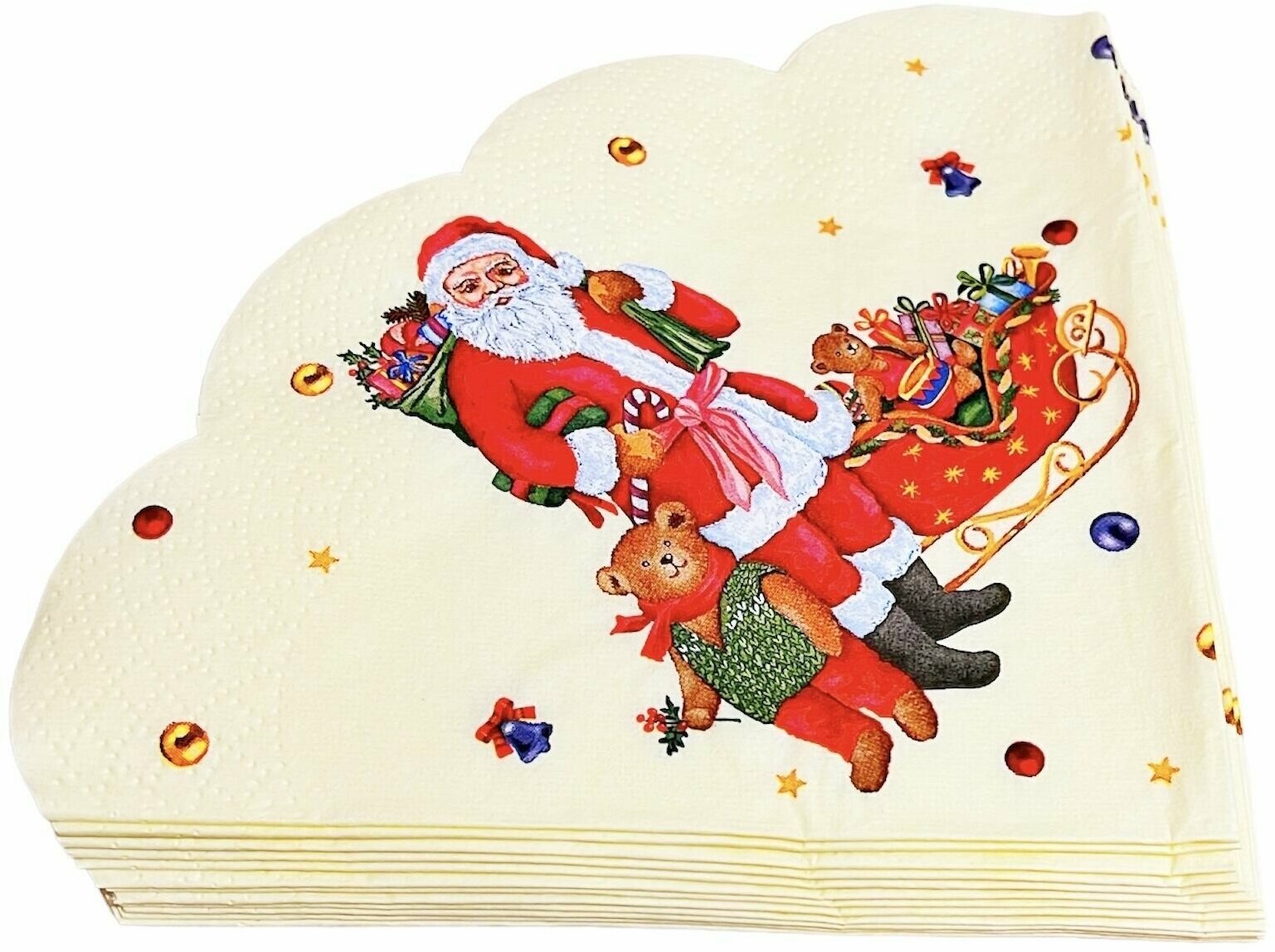 Салфетки бумажные новогодние "Дед Мороз с подарками", декоративные / сервировочные / праздничные, 12 листов, 32 см., 3 слоя - фотография № 4
