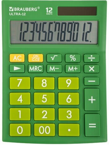 Калькулятор настольный BRAUBERG ULTRA-12-GN (192×143 мм), 12 разрядов, двойное питание, зеленый
