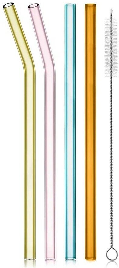 Набор разноцветных стеклянных коктейльных трубочек 20 см с ершиком