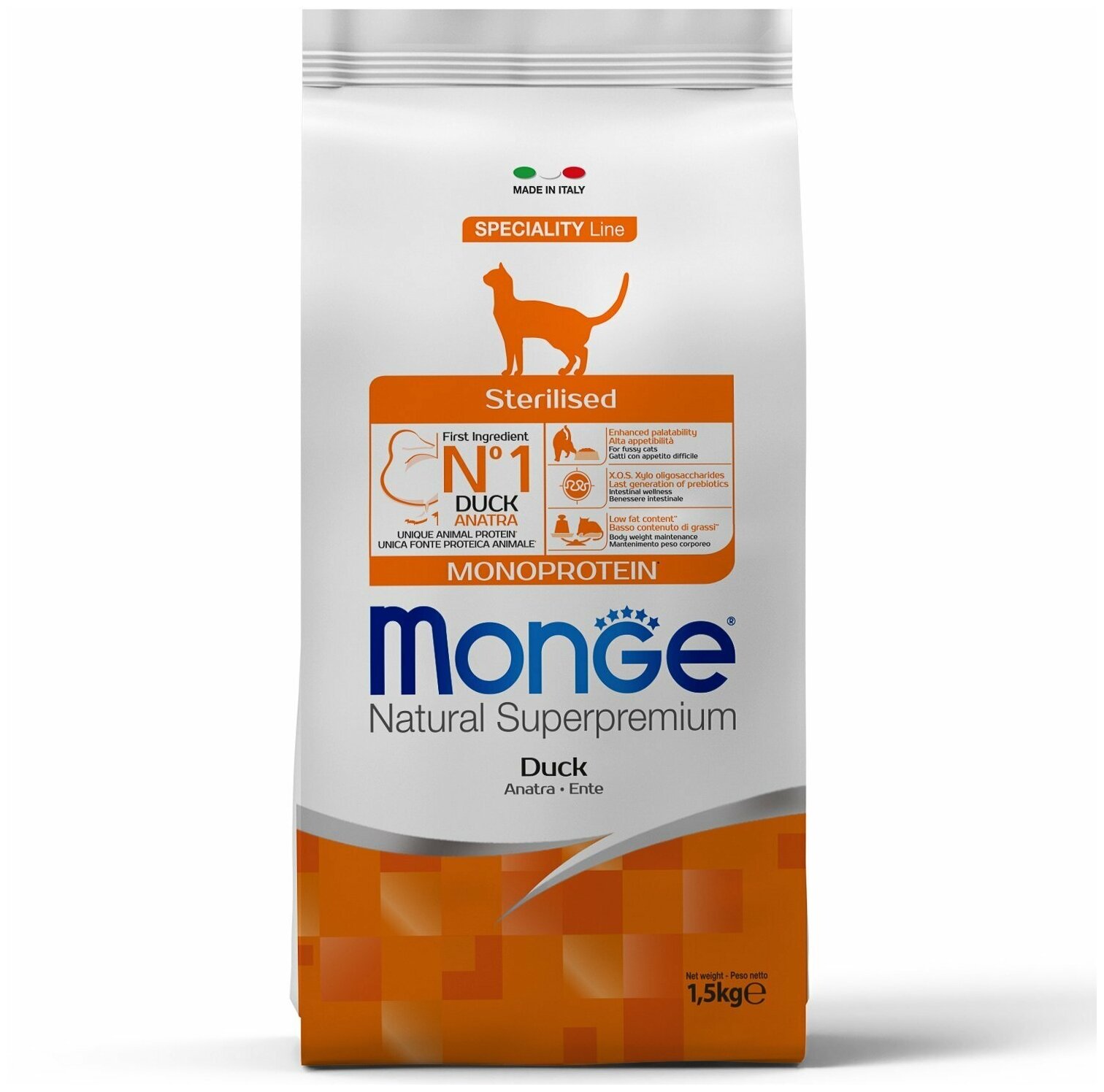 Сухой корм Monge Cat Speciality Line Monoprotein Sterilised для стерилизованных кошек, из утки 1,5 кг - фотография № 1