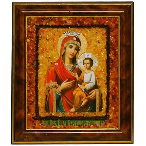 Икона ручной работы с натуральным янтарём Божией Матери Скоропослушница 628250