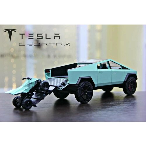 фото Металлическая коллекционная модель tesla cybertruck pickup с квадроциклом свет звук 23 см. 1:24 цвет: зеленый / тесла мобиль toy