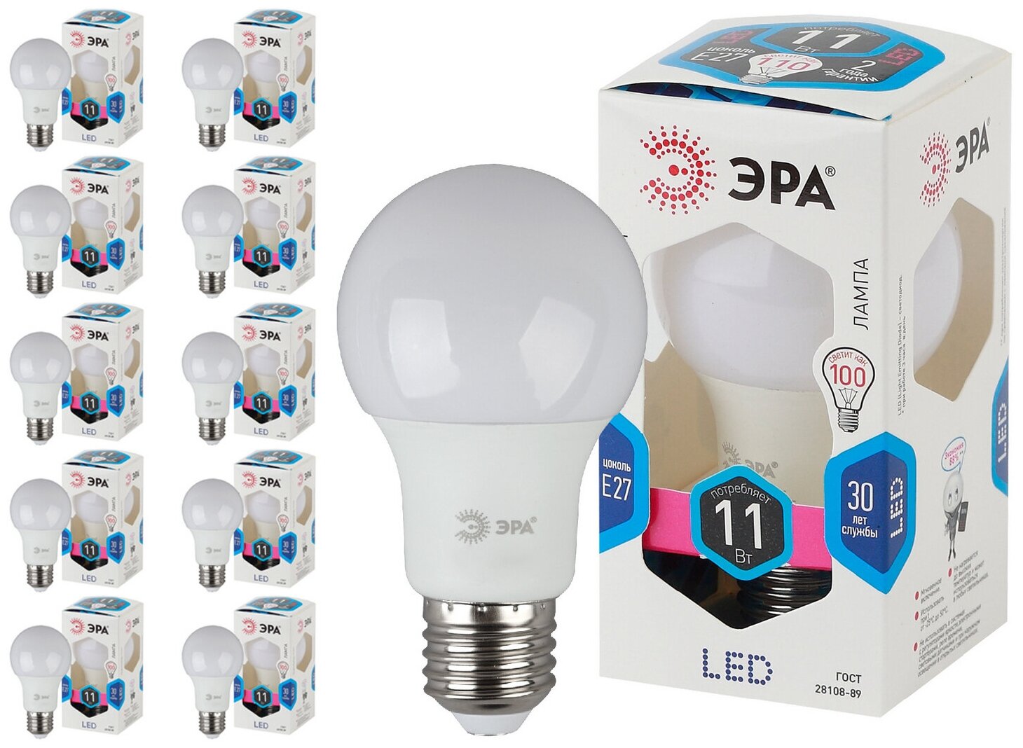 фото Лампа светодиодная ЭРА LED A60-11W-840-E27 диод, груша, 11Вт, нейтр, E27, 10 шт
