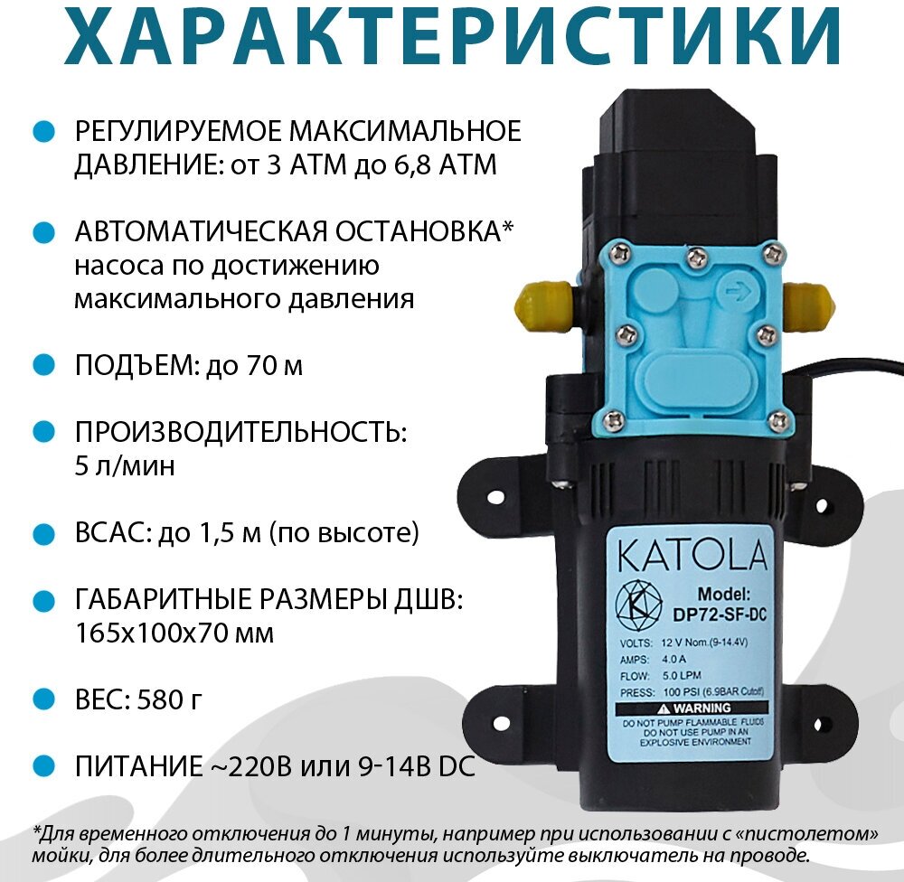 Насос помпа высокого давления KATOLA DP72-SF-DC/AC всасывающий 12/220В с выключателем и блоком питания