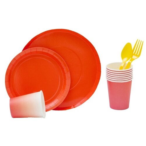 Набор одноразовых столовых принадлежностей, тарелки, стаканчики, ложки, вилки, цвет оранжевый, 23х23х11 см