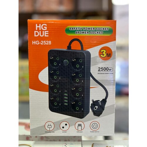 Сетевой фильтр 8 розеток, 4 USB порта, 1 Type-C порт, удлинитель, черный удлинитель