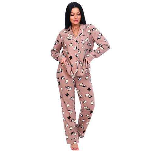 фото Женский домашний костюм/ пижама в бежевом цвете с брюками, размер 54 натали