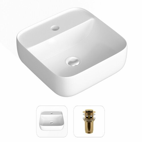 Накладная раковина для ванной Helmken 46839010 комплект 2 в 1: умывальник квадратный 39 см, донный клапан click-clack в цвете золото, гарантия 25 лет