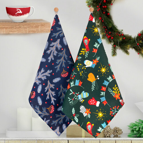 Полотенце кухонное новогоднее набор 2 шт HappyFox HF0093SP зеленый синий 70X45 563₽